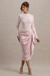 Raffie | Pink Long-Sleeve Midi Dress With Satin Wrap Skirt
